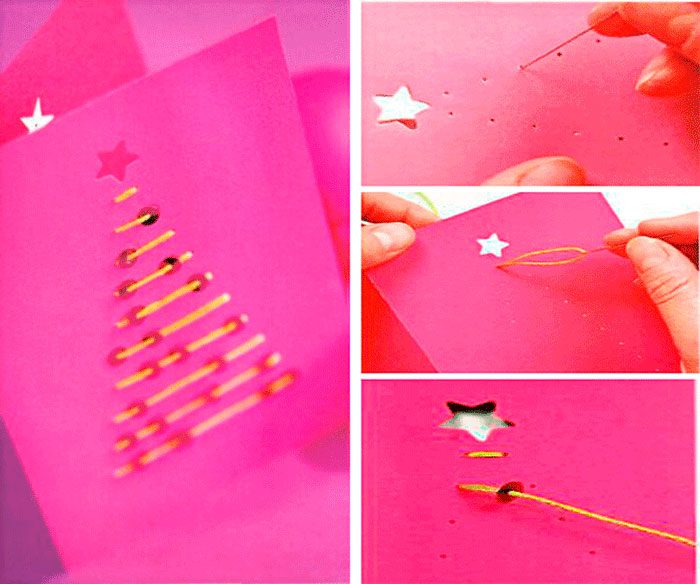 открытка с новым годом розовая с нитками своими руками